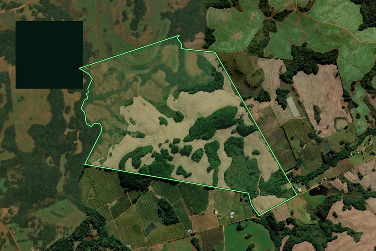 Imagem de satélite do imóvel rural em Vacaria (RS), com o contorno declarado no CAR desenhado por cima.