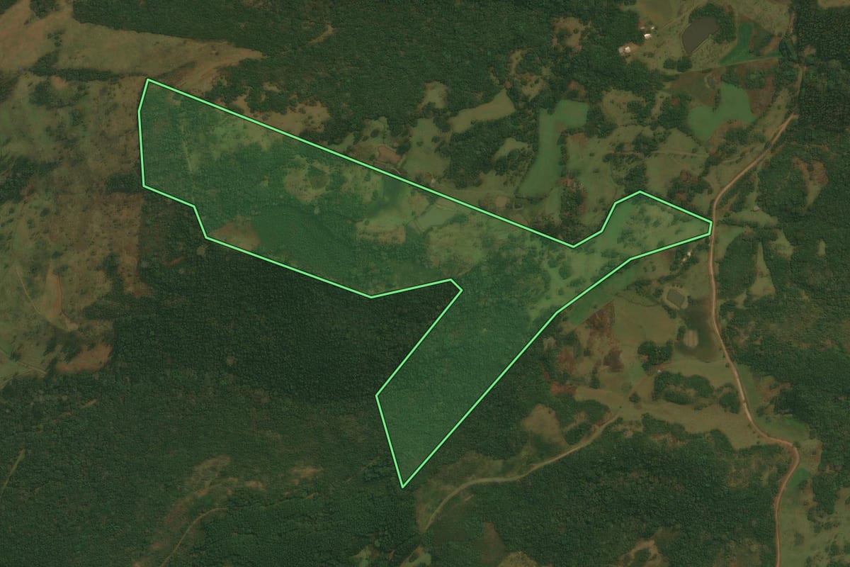Imagem de satélite do imóvel rural em Vacaria (RS), com o contorno declarado no CAR desenhado por cima.