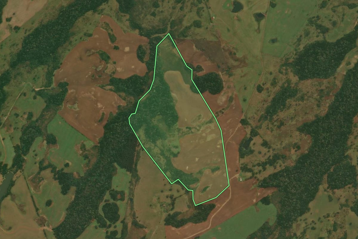 Imagem de satélite do imóvel rural em Vacaria (RS), com o contorno declarado no CAR desenhado por cima.