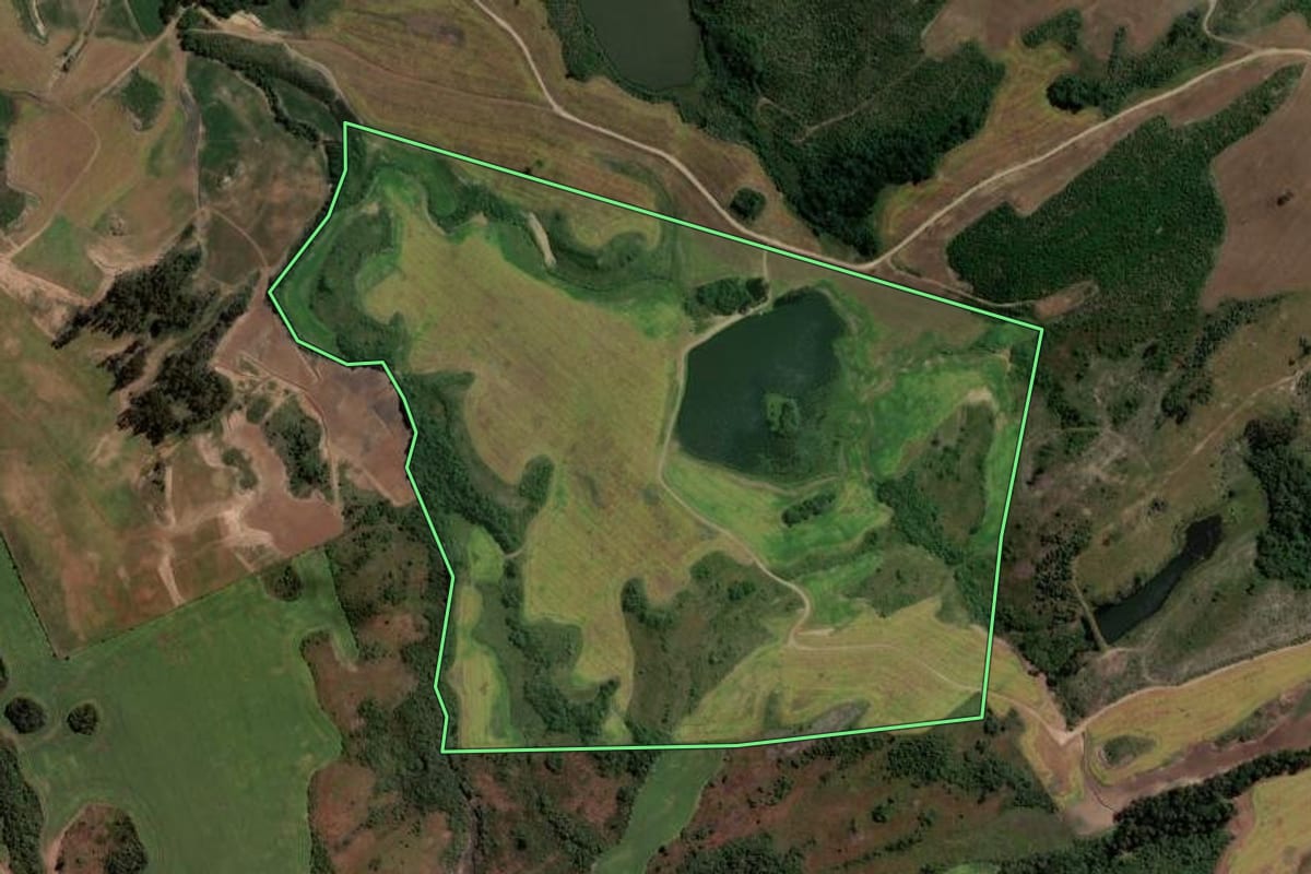 Imagem de satélite do imóvel rural em Vacaria (RS), com o contorno declarado no CAR desenhado por cima.