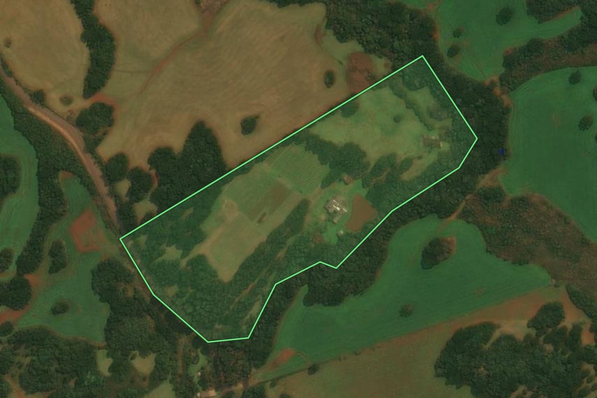 Imagem de satélite do imóvel rural em Vacaria (RS), com o contorno declarado no CAR desenhado por cima.