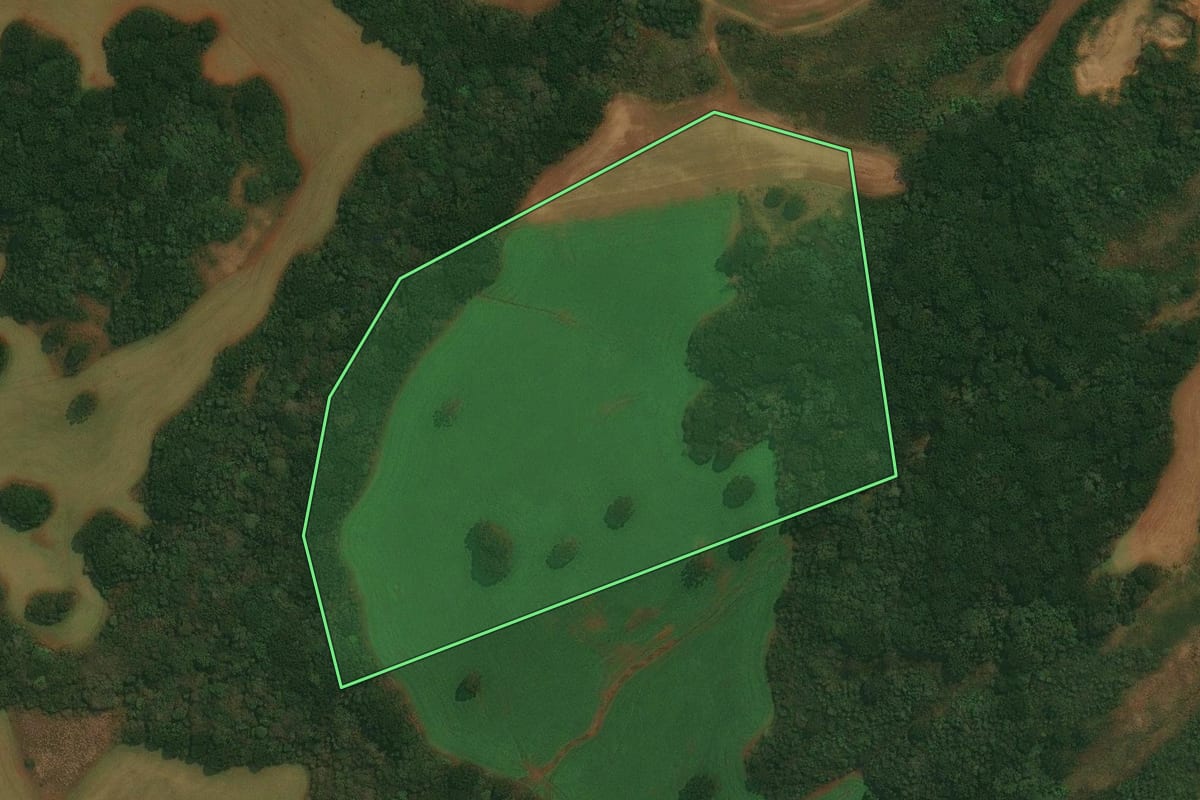 Imagem de satélite do imóvel rural em Vacaria (RS), com o contorno declarado no CAR desenhado por cima.