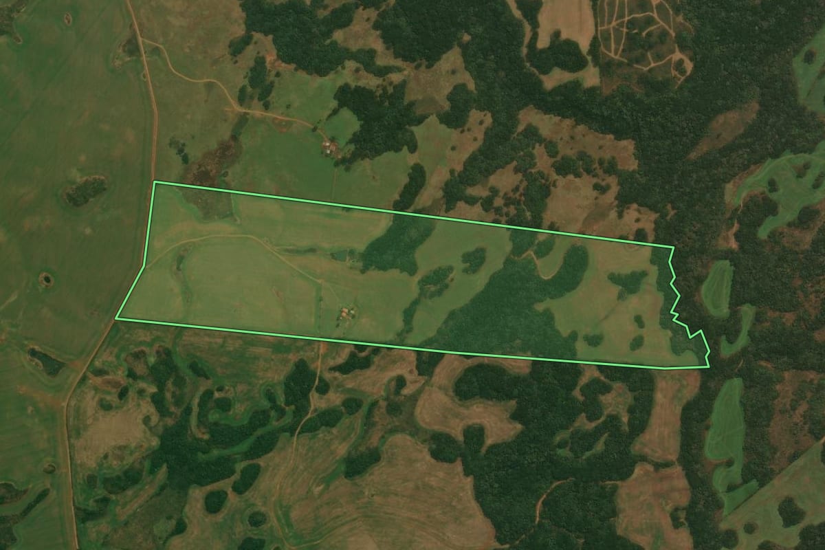 Imagem de satélite do imóvel rural em Vacaria (RS), com o contorno declarado no CAR desenhado por cima.