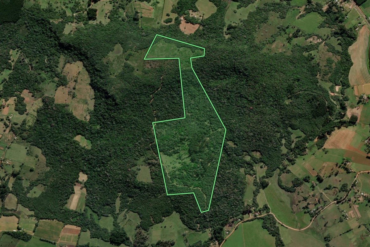Imagem de satélite do imóvel rural em Vale Verde (RS), com o contorno declarado no CAR desenhado por cima.