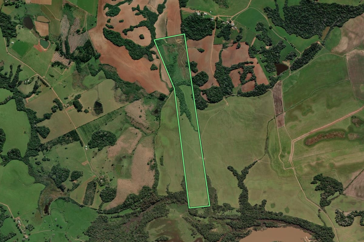 Imagem de satélite do imóvel rural em Vale Verde (RS), com o contorno declarado no CAR desenhado por cima.