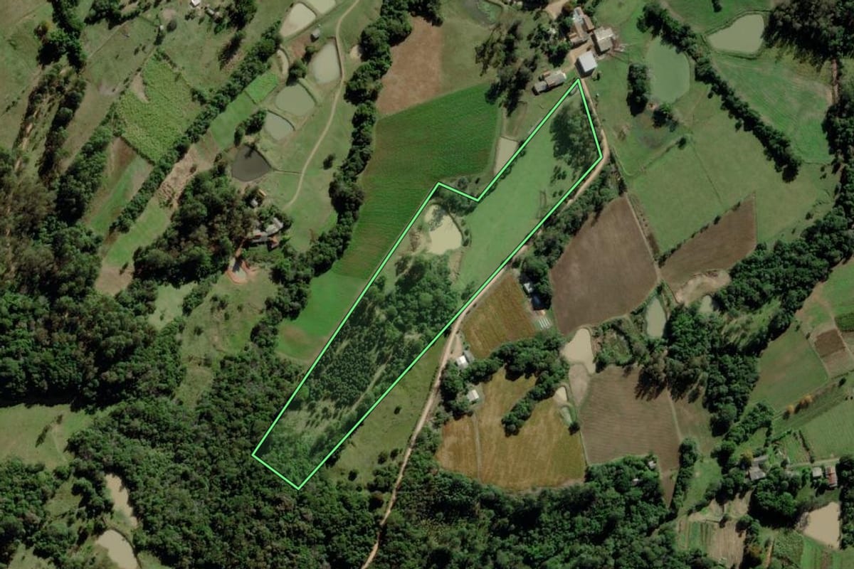 Imagem de satélite do imóvel rural em Vale Verde (RS), com o contorno declarado no CAR desenhado por cima.