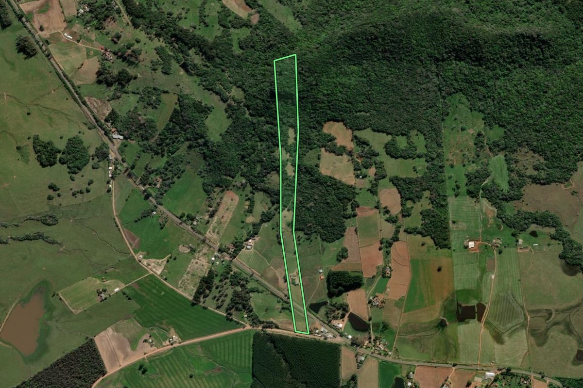 Imagem de satélite do imóvel rural em Vale Verde (RS), com o contorno declarado no CAR desenhado por cima.