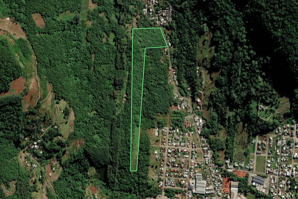 Imagem de satélite do imóvel rural em Vale Real (RS), com o contorno declarado no CAR desenhado por cima.
