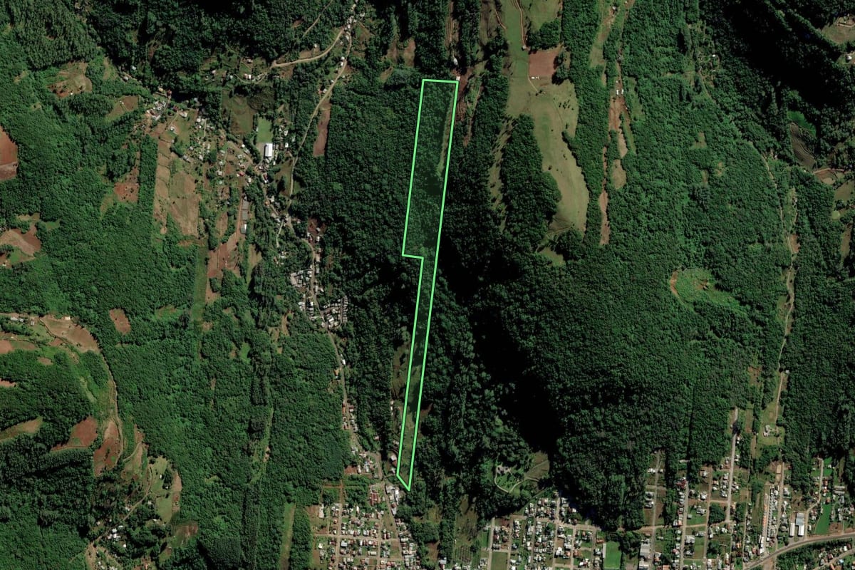 Imagem de satélite do imóvel rural em Vale Real (RS), com o contorno declarado no CAR desenhado por cima.