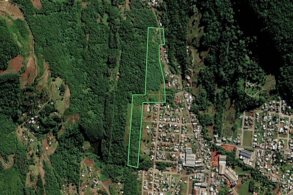 Imagem de satélite do imóvel rural em Vale Real (RS), com o contorno declarado no CAR desenhado por cima.