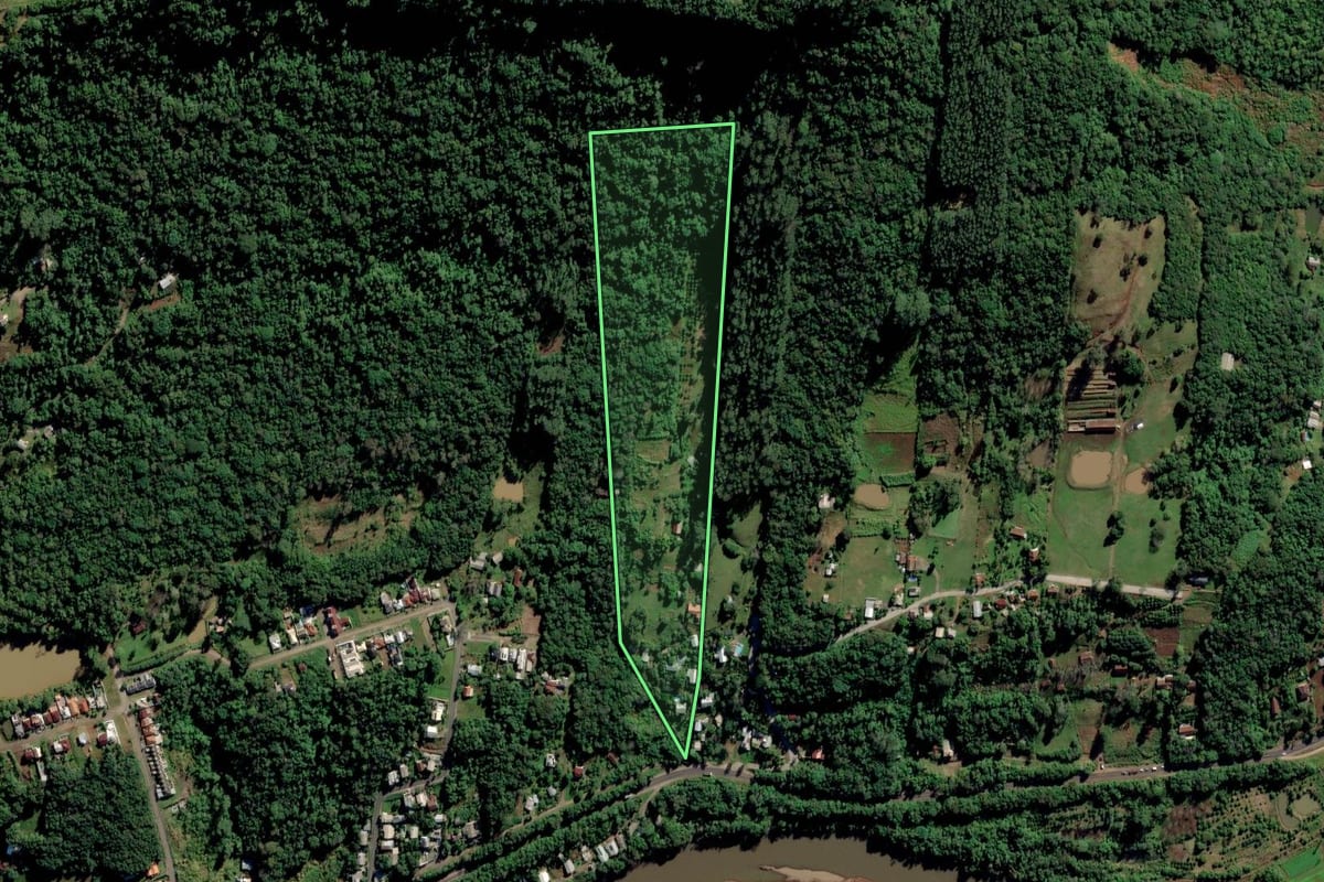 Imagem de satélite do imóvel rural em Vale Real (RS), com o contorno declarado no CAR desenhado por cima.