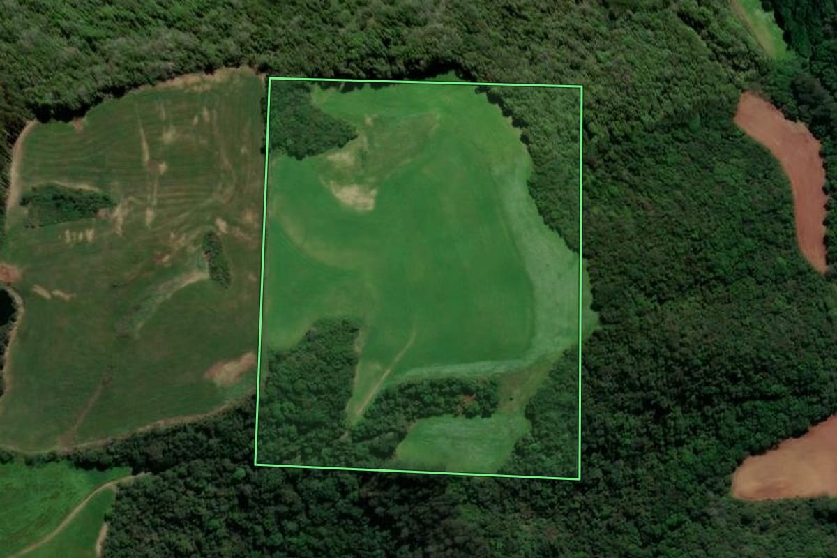 Imagem de satélite do imóvel rural em Vanini (RS), com o contorno declarado no CAR desenhado por cima.
