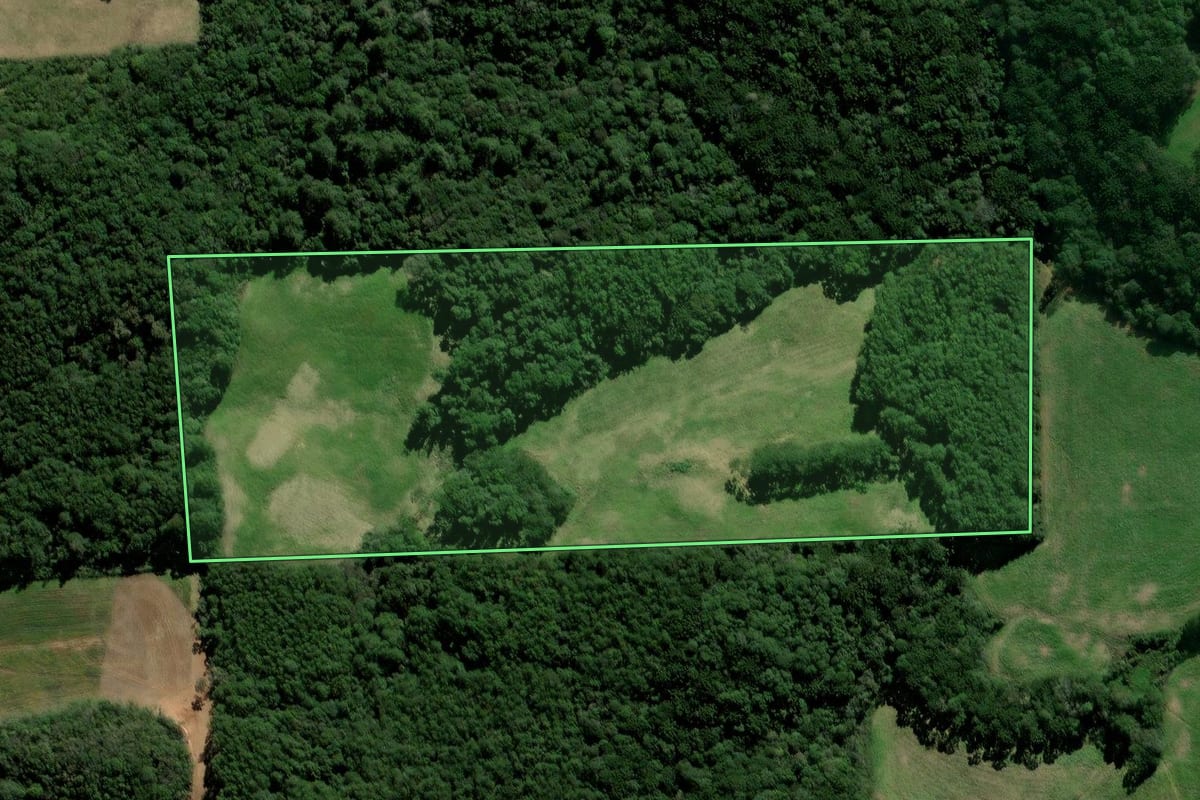 Imagem de satélite do imóvel rural em Vanini (RS), com o contorno declarado no CAR desenhado por cima.