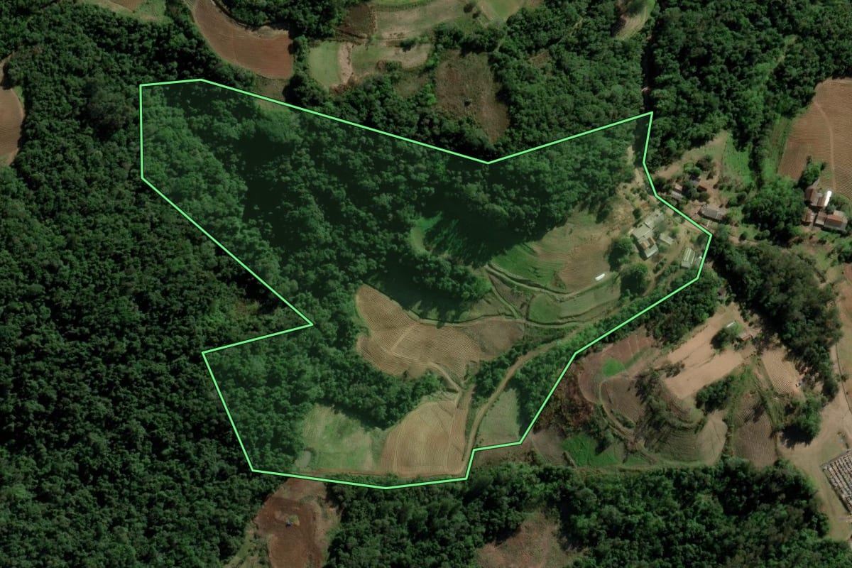 Imagem de satélite do imóvel rural em Venâncio Aires (RS), com o contorno declarado no CAR desenhado por cima.