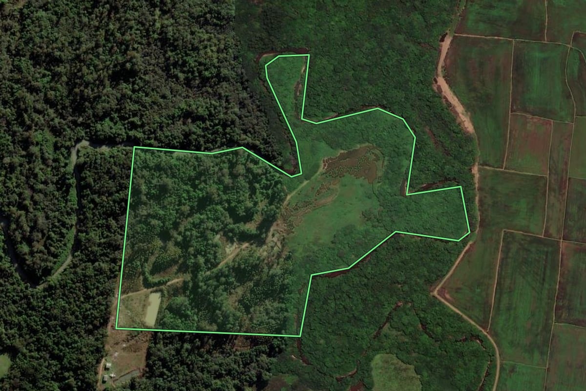 Imagem de satélite do imóvel rural em Venâncio Aires (RS), com o contorno declarado no CAR desenhado por cima.