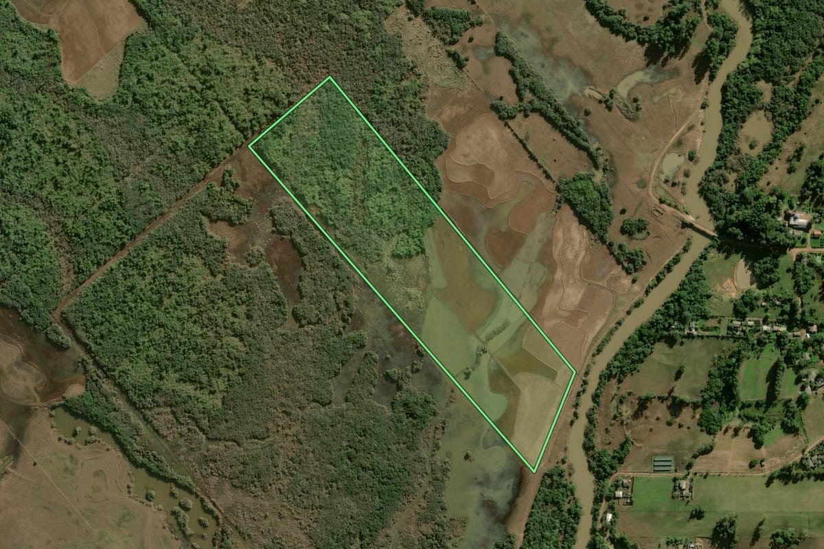 Imagem de satélite do imóvel rural em Candelária (RS), com o contorno declarado no CAR desenhado por cima.