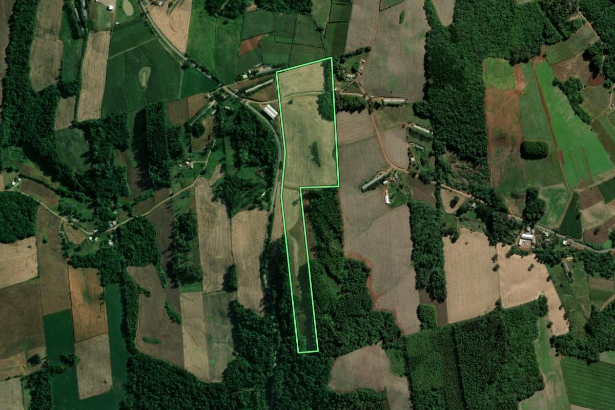 Imagem de satélite do imóvel rural em Vespasiano Corrêa (RS), com o contorno declarado no CAR desenhado por cima.