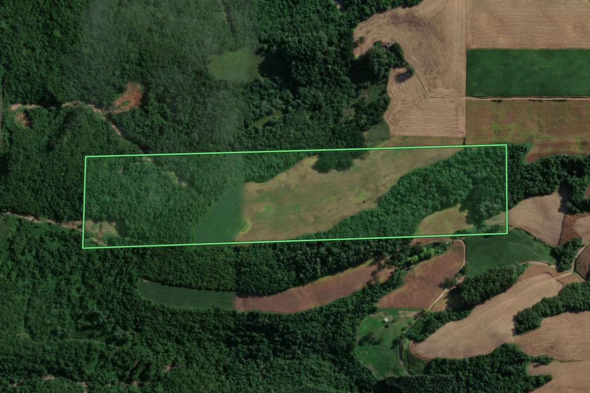 Imagem de satélite do imóvel rural em Vespasiano Corrêa (RS), com o contorno declarado no CAR desenhado por cima.
