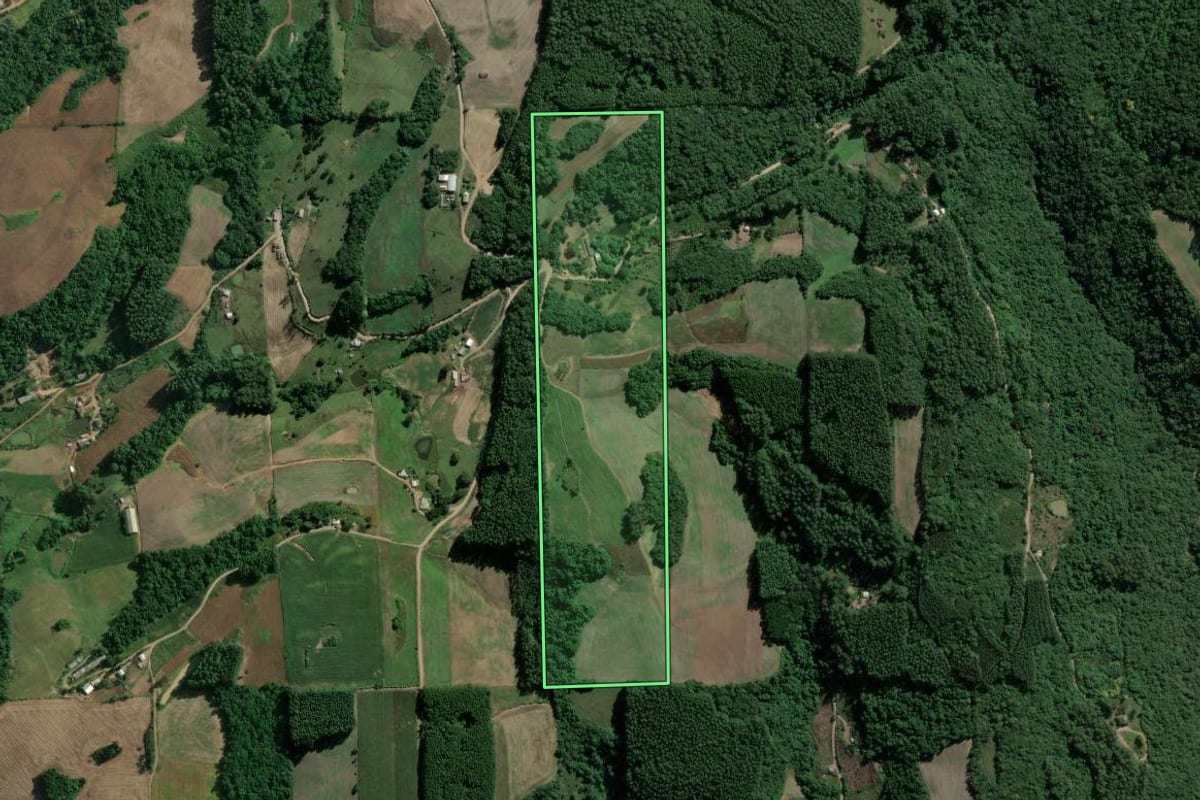 Imagem de satélite do imóvel rural em Vespasiano Corrêa (RS), com o contorno declarado no CAR desenhado por cima.