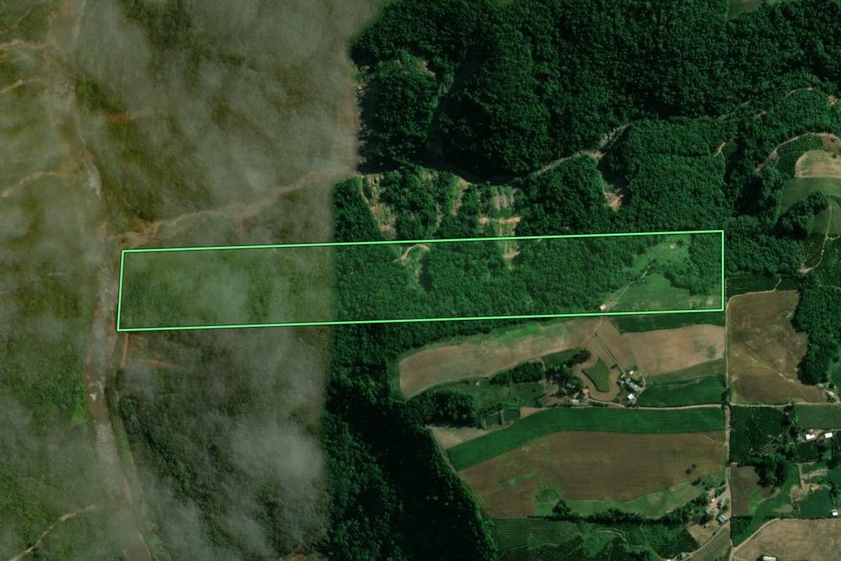 Imagem de satélite do imóvel rural em Vespasiano Corrêa (RS), com o contorno declarado no CAR desenhado por cima.