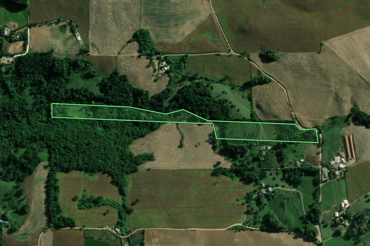Imagem de satélite do imóvel rural em Vespasiano Corrêa (RS), com o contorno declarado no CAR desenhado por cima.