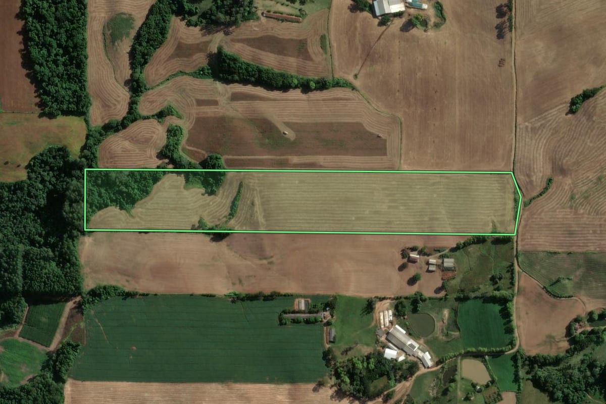 Imagem de satélite do imóvel rural em Vespasiano Corrêa (RS), com o contorno declarado no CAR desenhado por cima.