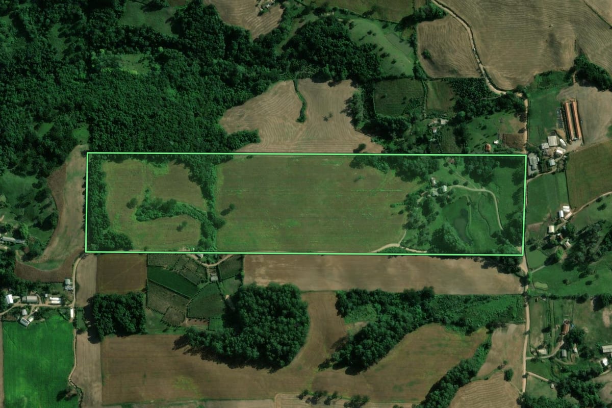 Imagem de satélite do imóvel rural em Vespasiano Corrêa (RS), com o contorno declarado no CAR desenhado por cima.