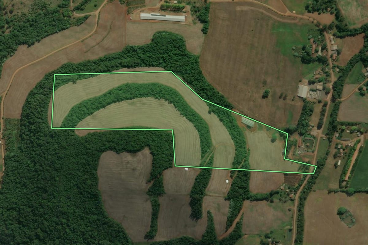 Imagem de satélite do imóvel rural em Viadutos (RS), com o contorno declarado no CAR desenhado por cima.