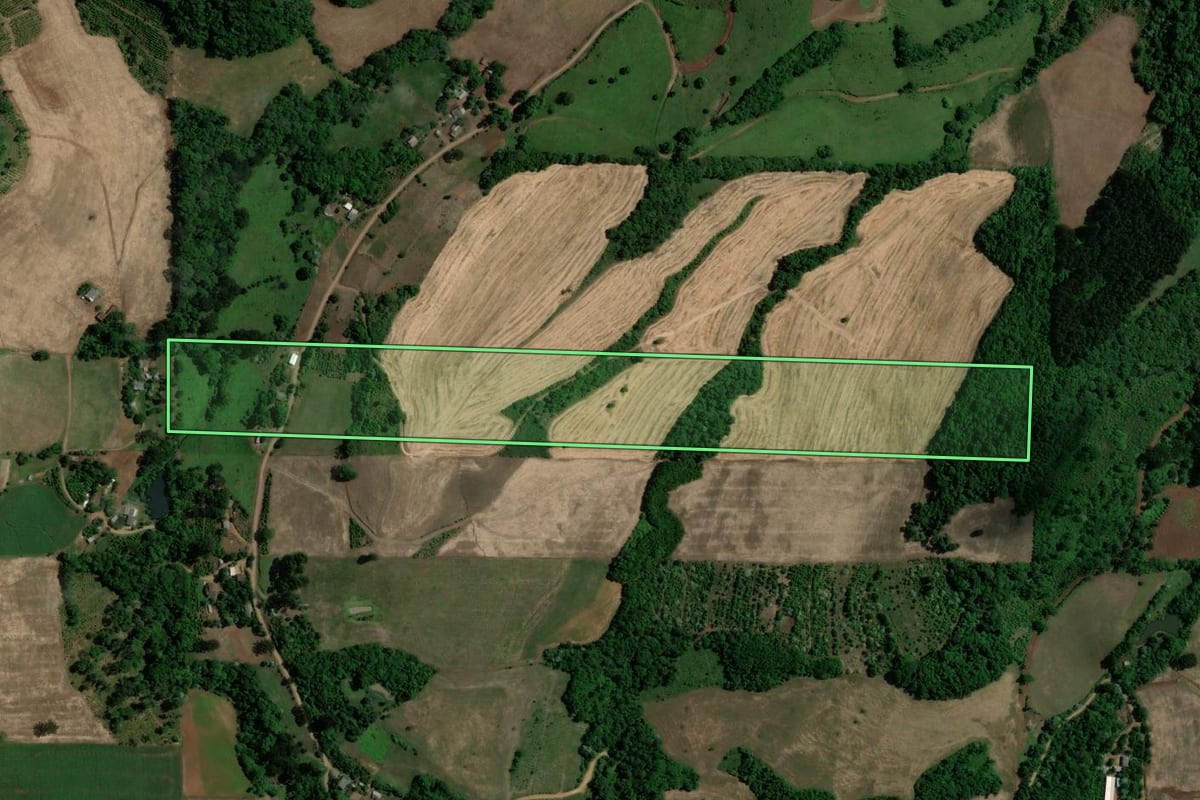 Imagem de satélite do imóvel rural em Viadutos (RS), com o contorno declarado no CAR desenhado por cima.