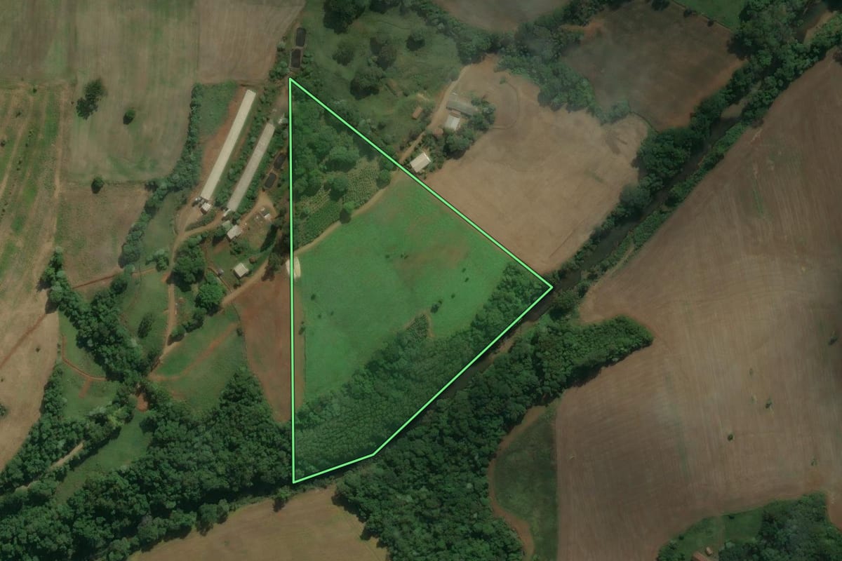 Imagem de satélite do imóvel rural em Viadutos (RS), com o contorno declarado no CAR desenhado por cima.