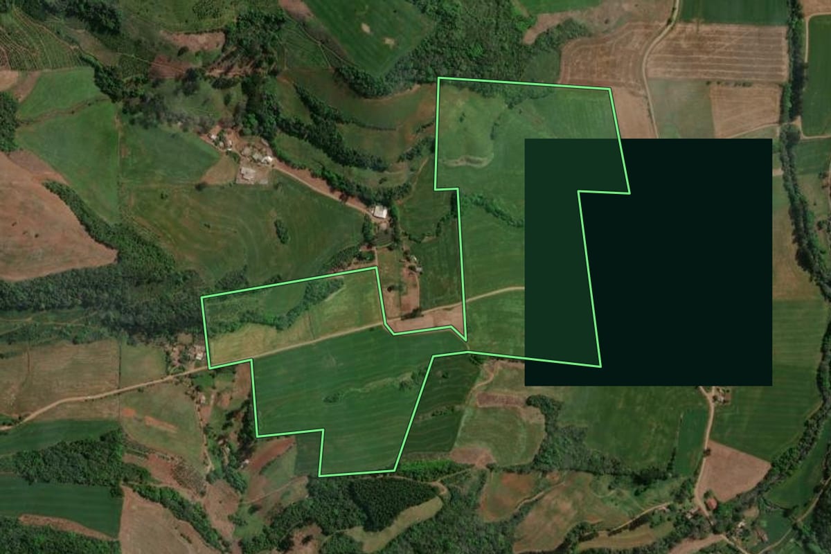 Imagem de satélite do imóvel rural em Viadutos (RS), com o contorno declarado no CAR desenhado por cima.