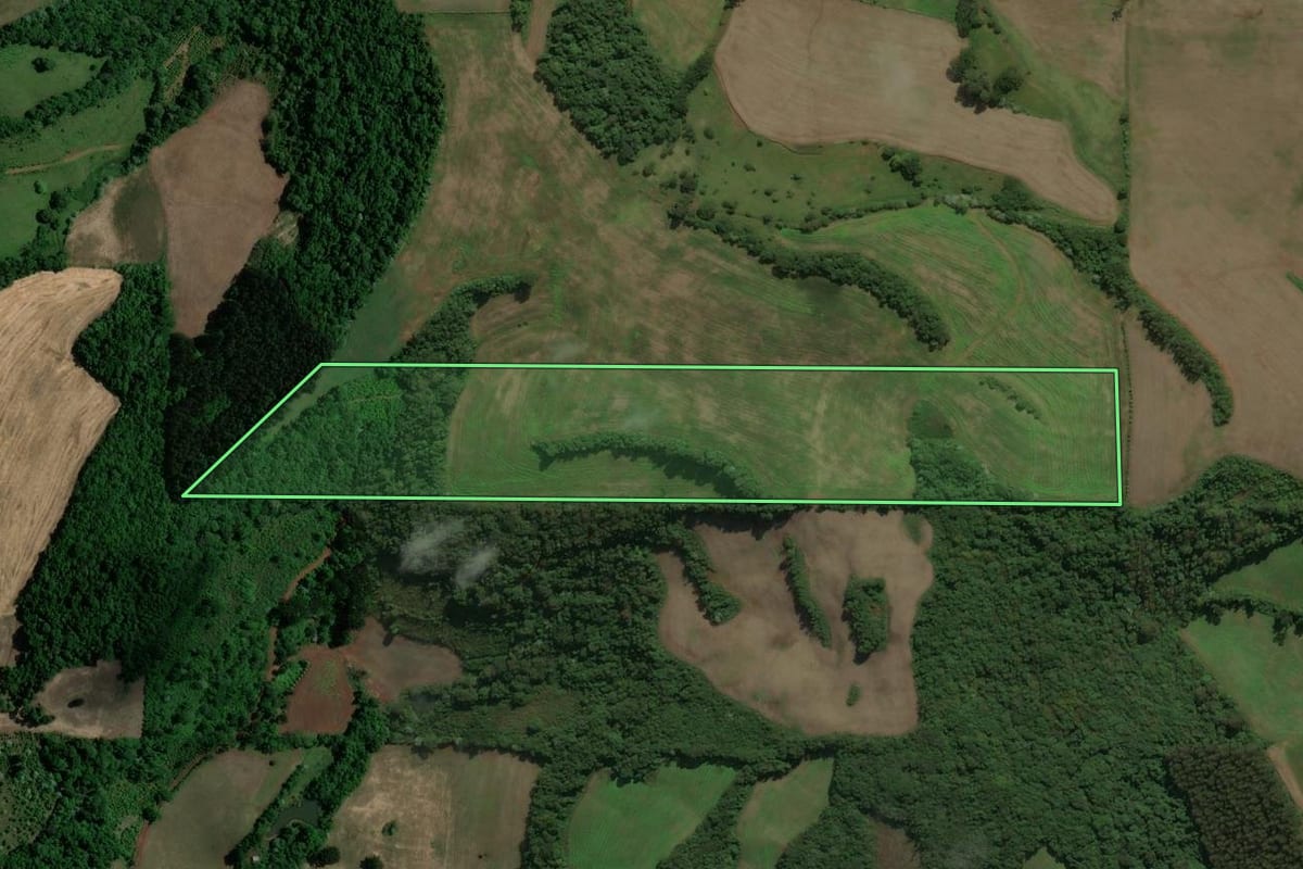 Imagem de satélite do imóvel rural em Viadutos (RS), com o contorno declarado no CAR desenhado por cima.