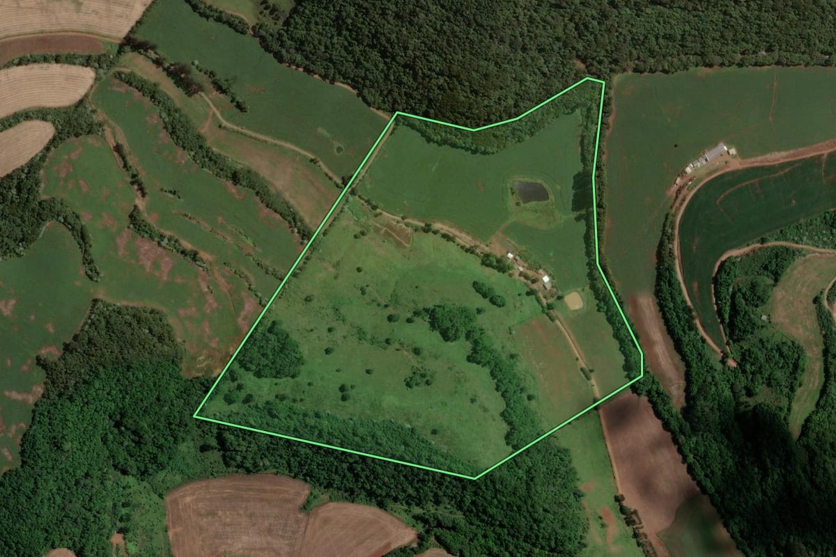 Imagem de satélite do imóvel rural em Viadutos (RS), com o contorno declarado no CAR desenhado por cima.