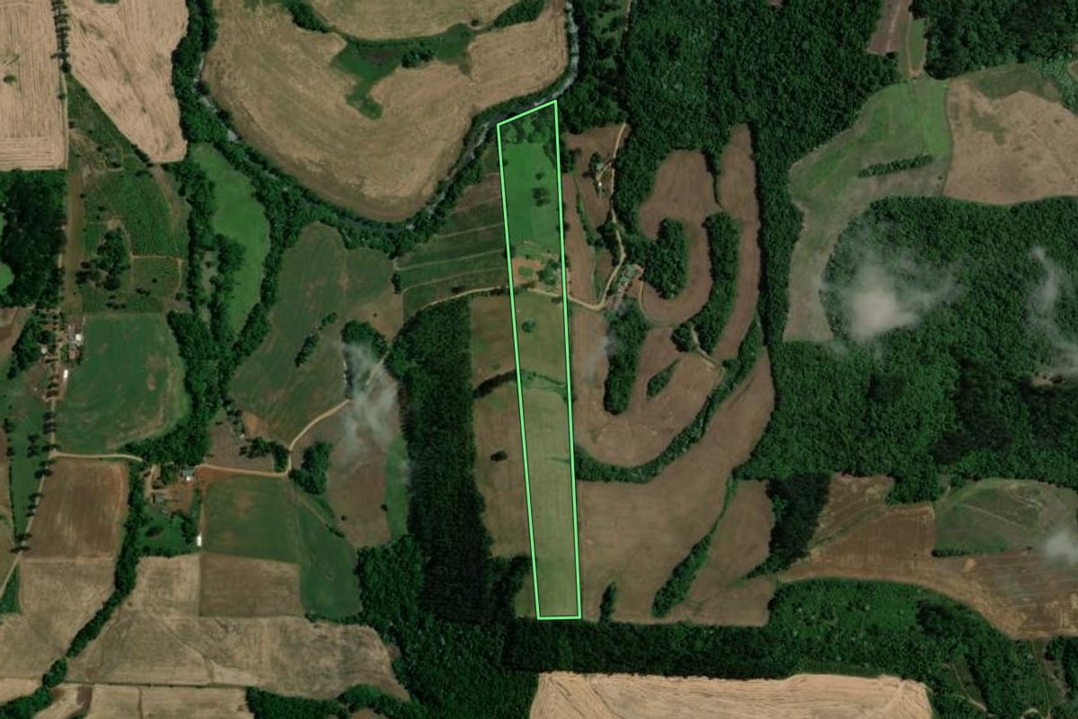 Imagem de satélite do imóvel rural em Viadutos (RS), com o contorno declarado no CAR desenhado por cima.