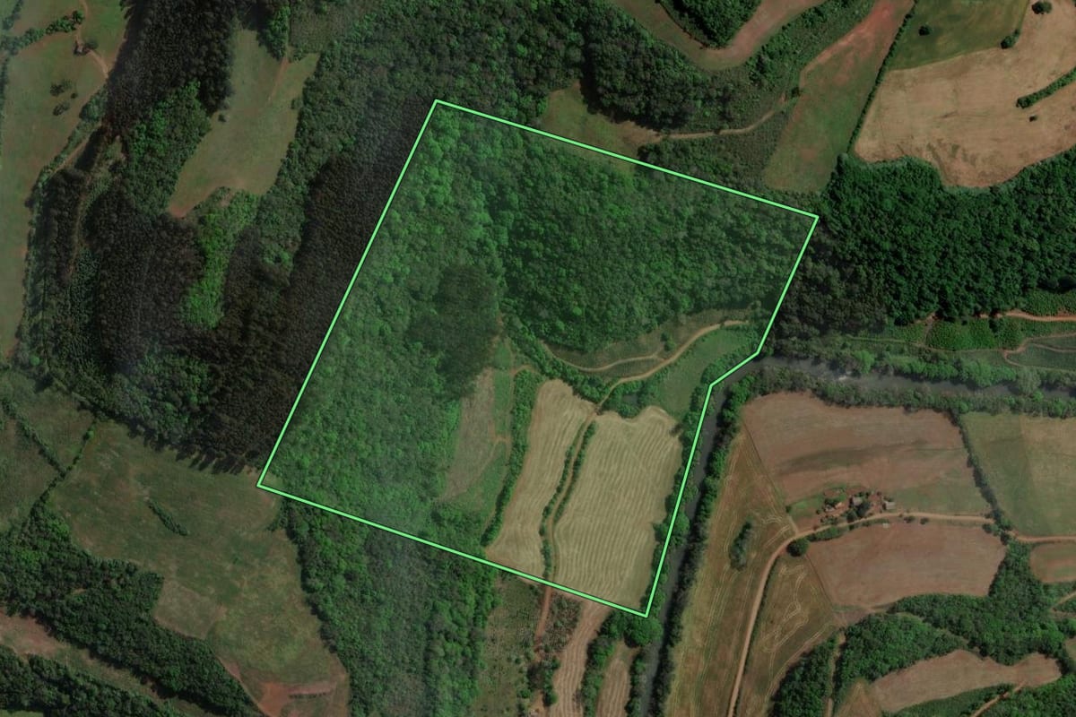 Imagem de satélite do imóvel rural em Viadutos (RS), com o contorno declarado no CAR desenhado por cima.