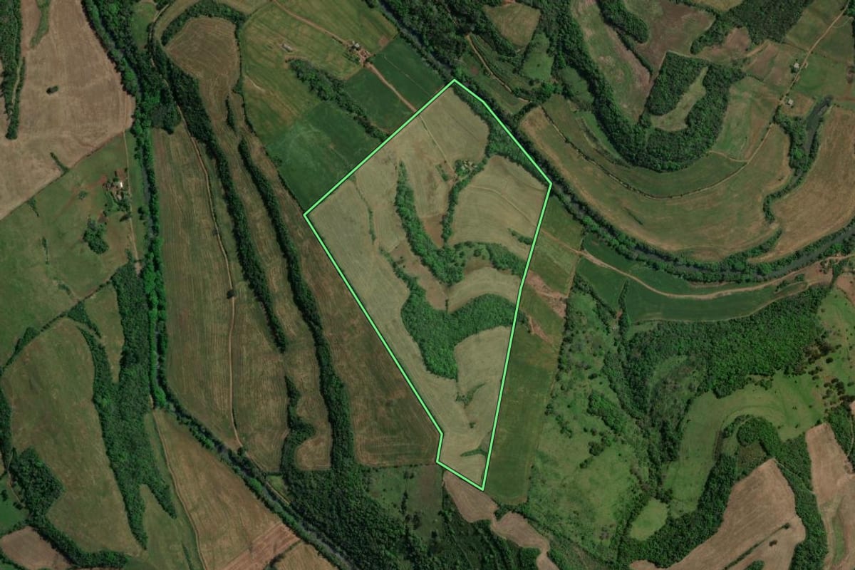 Imagem de satélite do imóvel rural em Viadutos (RS), com o contorno declarado no CAR desenhado por cima.