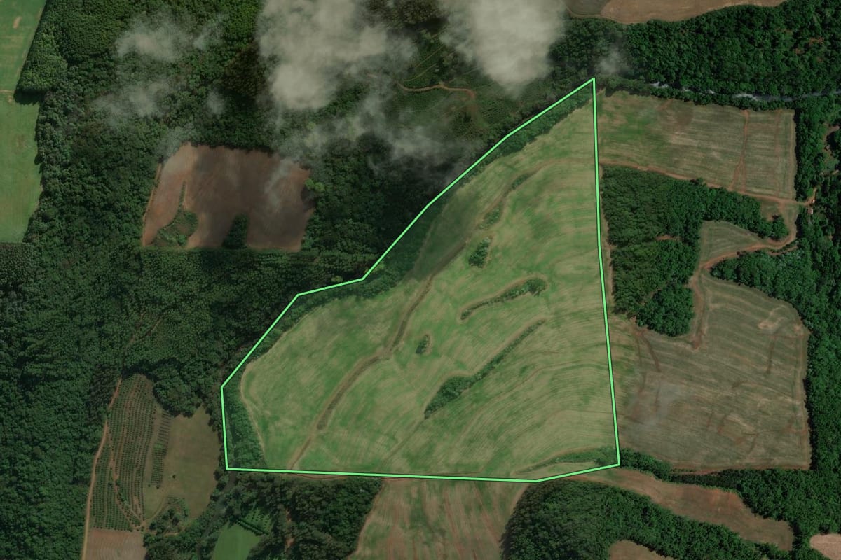 Imagem de satélite do imóvel rural em Viadutos (RS), com o contorno declarado no CAR desenhado por cima.
