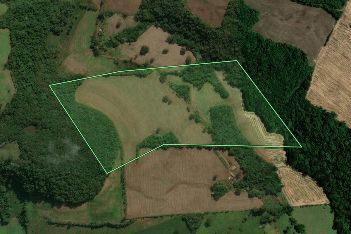 Imagem de satélite do imóvel rural em Viadutos (RS), com o contorno declarado no CAR desenhado por cima.