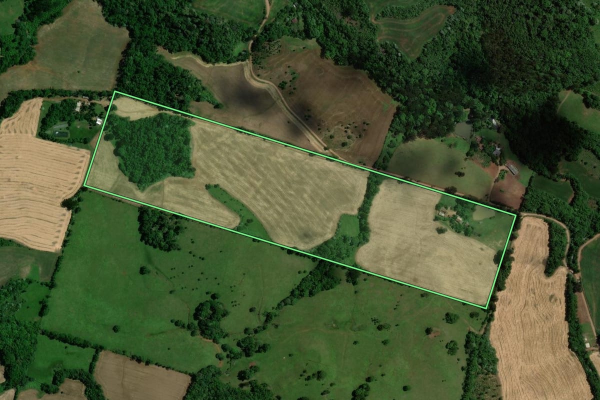 Imagem de satélite do imóvel rural em Viadutos (RS), com o contorno declarado no CAR desenhado por cima.