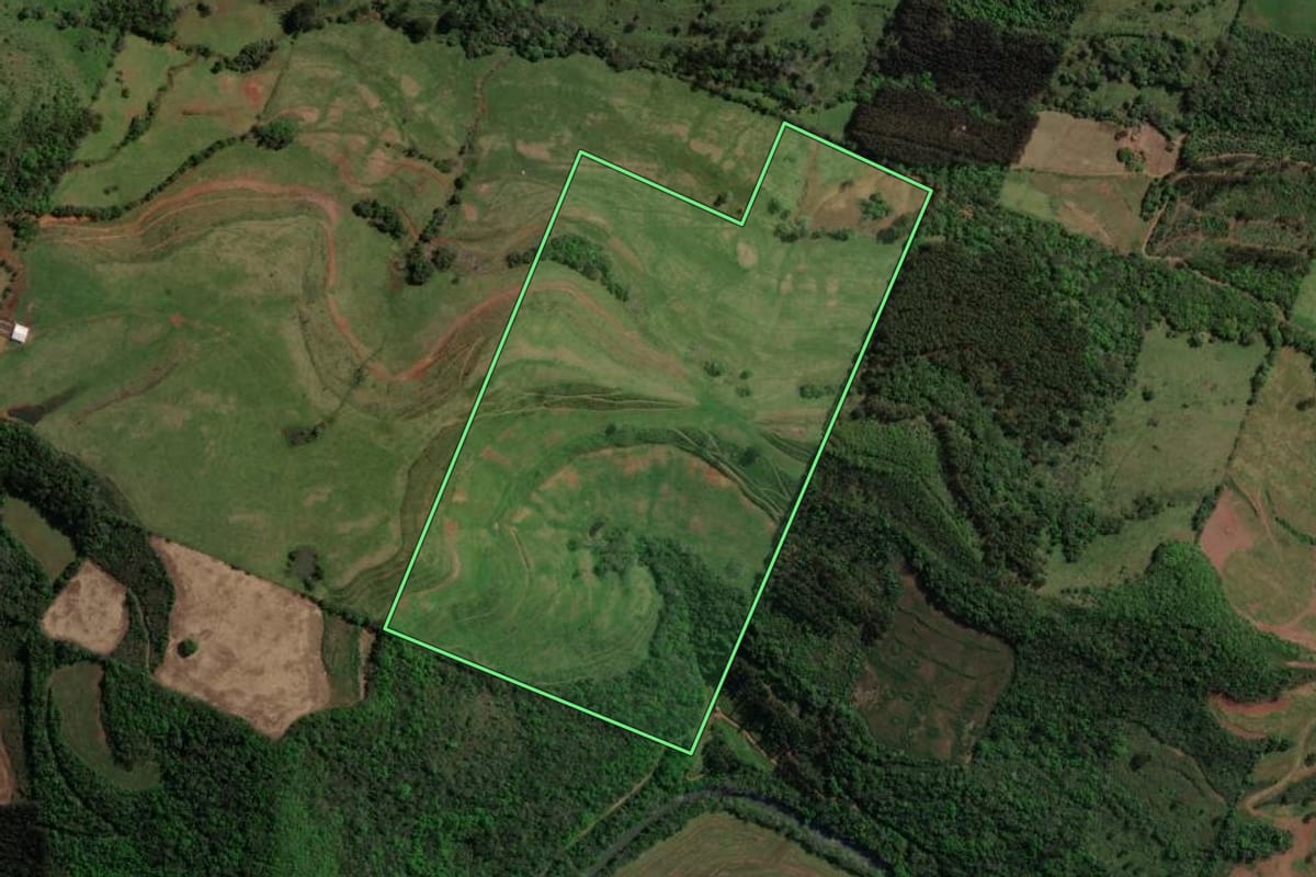 Imagem de satélite do imóvel rural em Viadutos (RS), com o contorno declarado no CAR desenhado por cima.