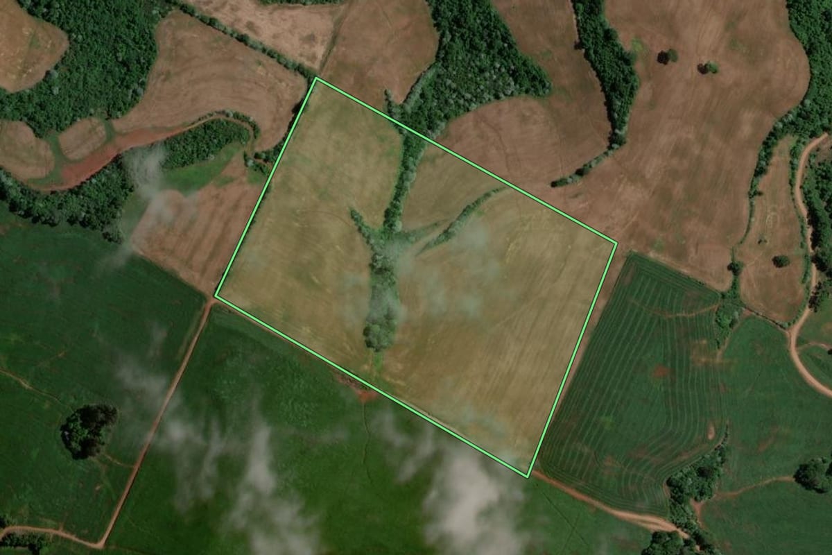 Imagem de satélite do imóvel rural em Viadutos (RS), com o contorno declarado no CAR desenhado por cima.