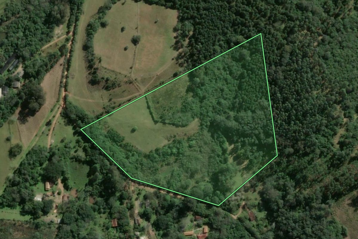 Imagem de satélite do imóvel rural em Viamão (RS), com o contorno declarado no CAR desenhado por cima.