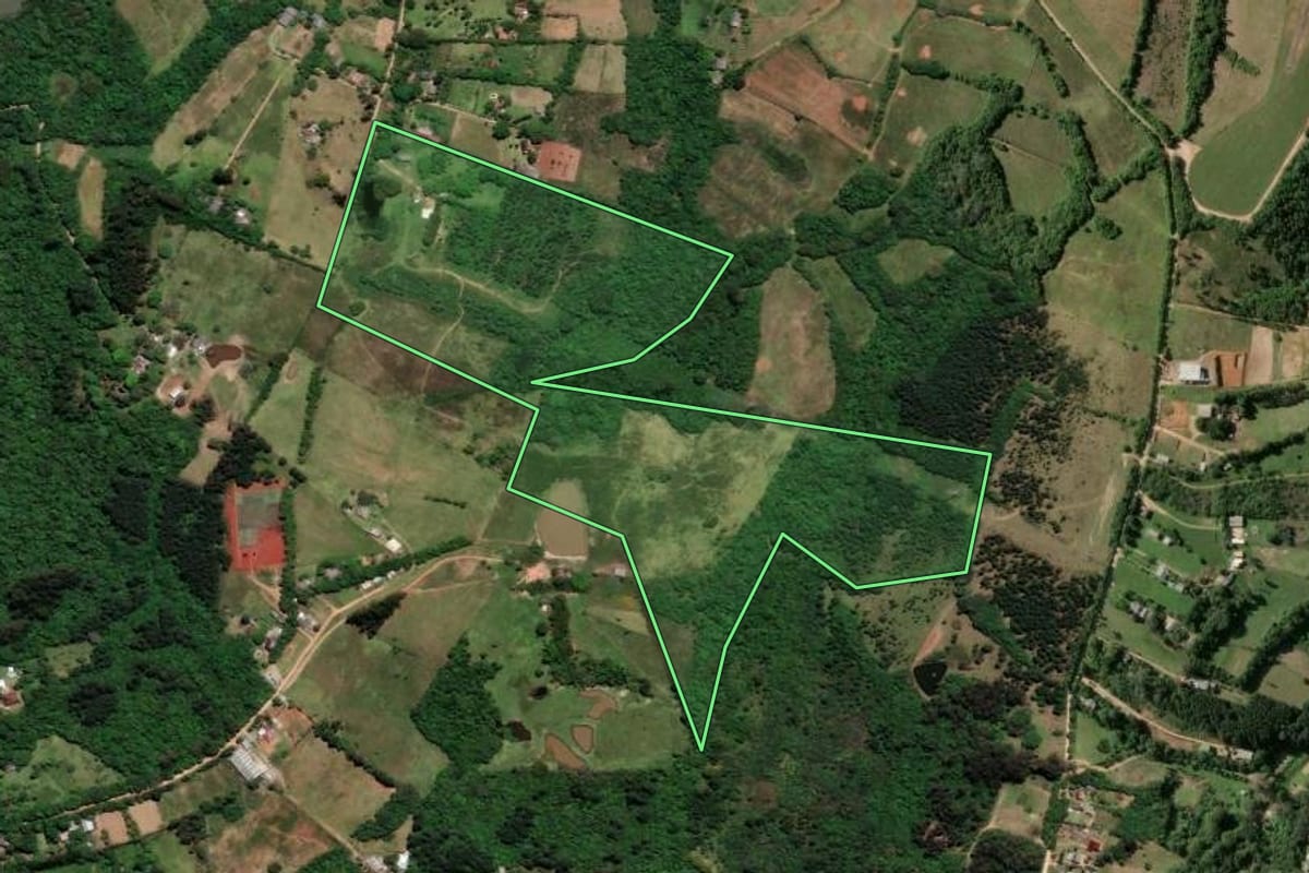 Imagem de satélite do imóvel rural em Viamão (RS), com o contorno declarado no CAR desenhado por cima.