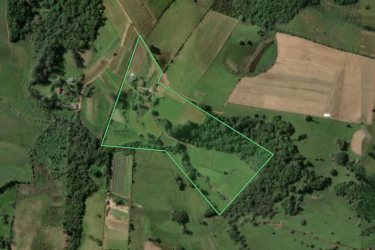 Imagem de satélite do imóvel rural em Viamão (RS), com o contorno declarado no CAR desenhado por cima.