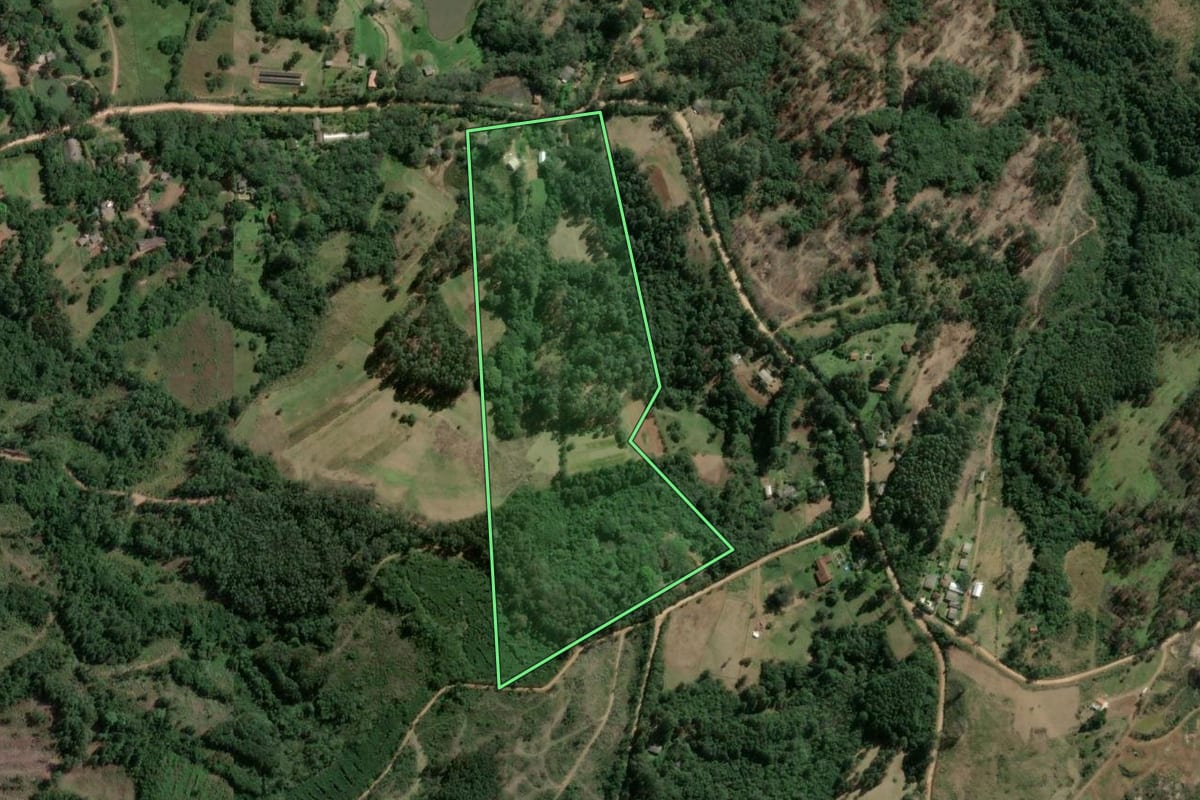 Imagem de satélite do imóvel rural em Viamão (RS), com o contorno declarado no CAR desenhado por cima.