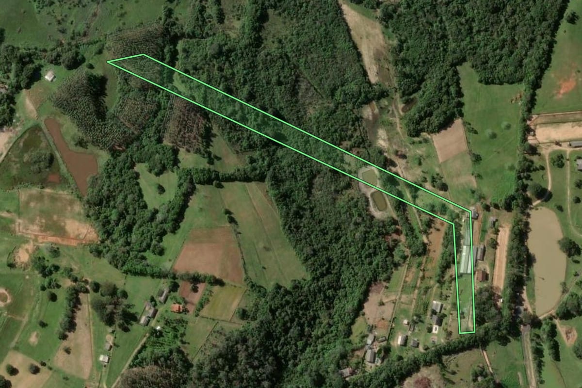 Imagem de satélite do imóvel rural em Viamão (RS), com o contorno declarado no CAR desenhado por cima.