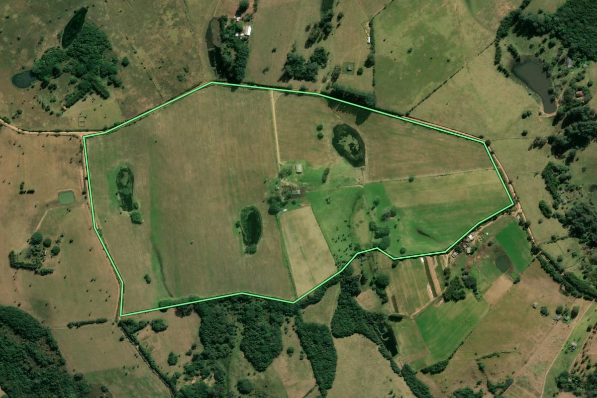 Imagem de satélite do imóvel rural em Viamão (RS), com o contorno declarado no CAR desenhado por cima.