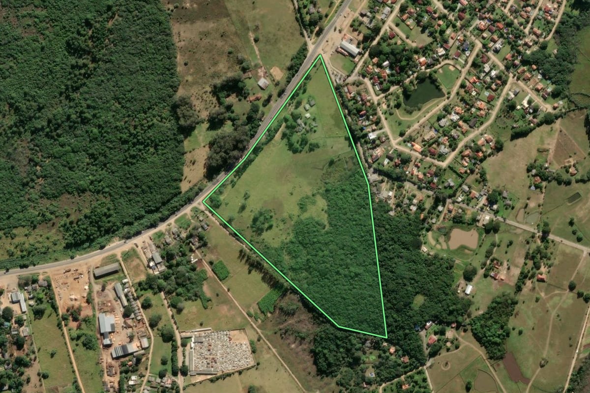 Imagem de satélite do imóvel rural em Viamão (RS), com o contorno declarado no CAR desenhado por cima.