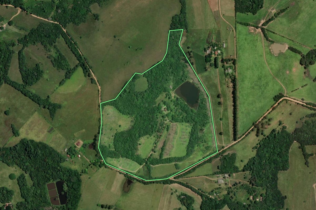 Imagem de satélite do imóvel rural em Viamão (RS), com o contorno declarado no CAR desenhado por cima.