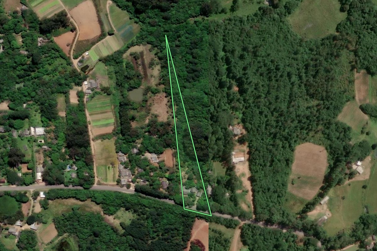 Imagem de satélite do imóvel rural em Viamão (RS), com o contorno declarado no CAR desenhado por cima.